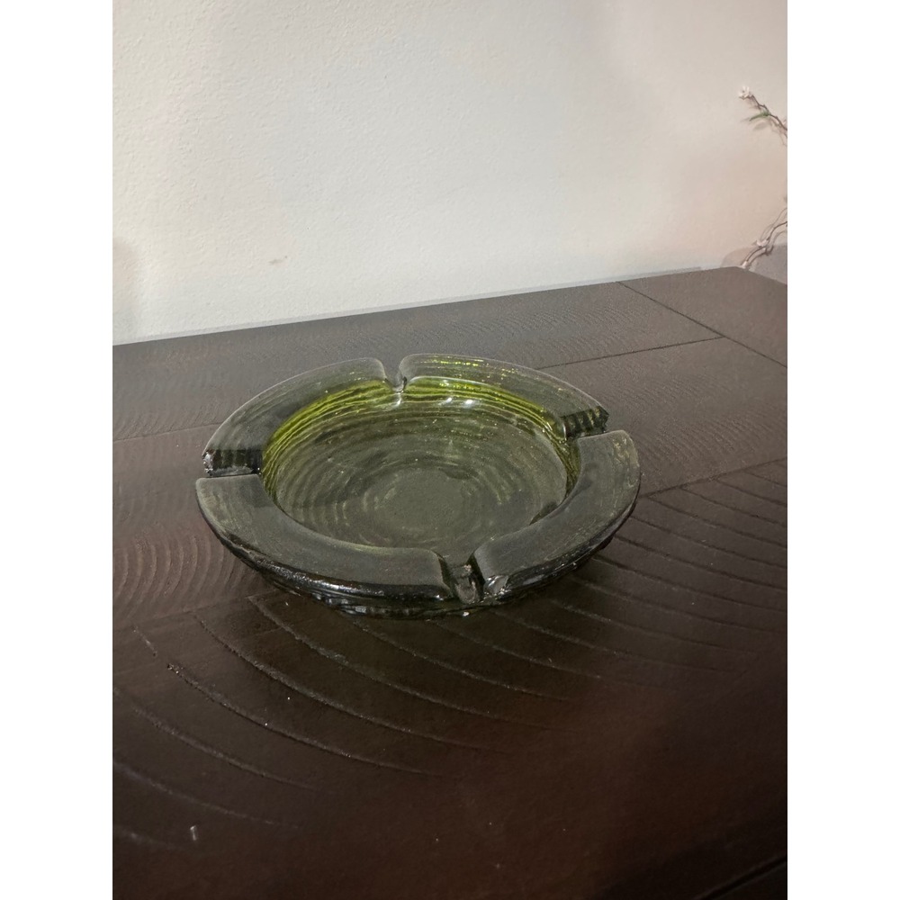 Vintage Olive Green Glass Ashtray Mid Century Modern Textured Round Art Glass